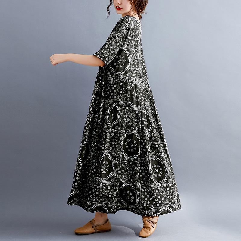 Plus Size Loose Floral Print Midi Dress for Women Spring Autumn Summer Casual Vintage Elegant Dresses Holiday Dress