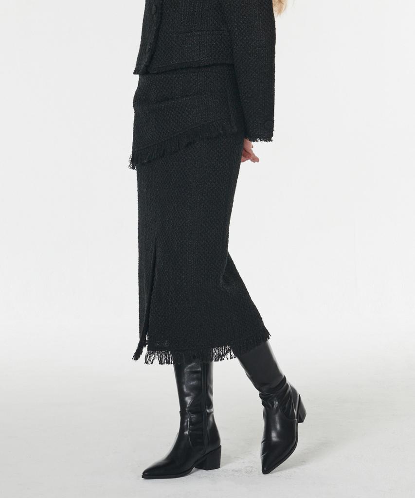 Aussel Fringed Wool Tweed Skirt Black