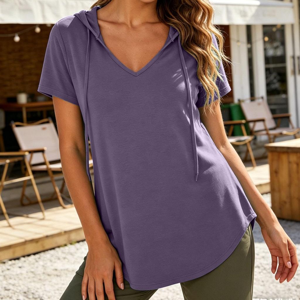 Women’s Short Sleeve Hooded Pullover V Neck Loose Fit Casual Drawstring Shirt Lightweight Comfortable Top for Everyday Wear