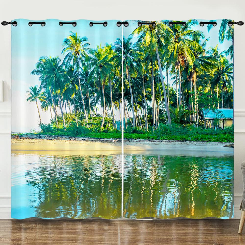 Curtain Summer Coconut Tree Sunset Landscape 3D Digital Printing Blackout Curtain Punching