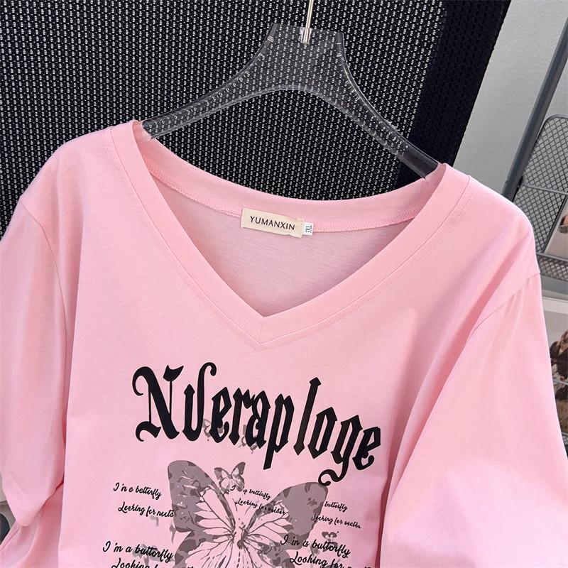 Plus Size Loose Mid-Length V-Neck Short-Sleeve T-Shirt for Women (200/300/350 Jin)