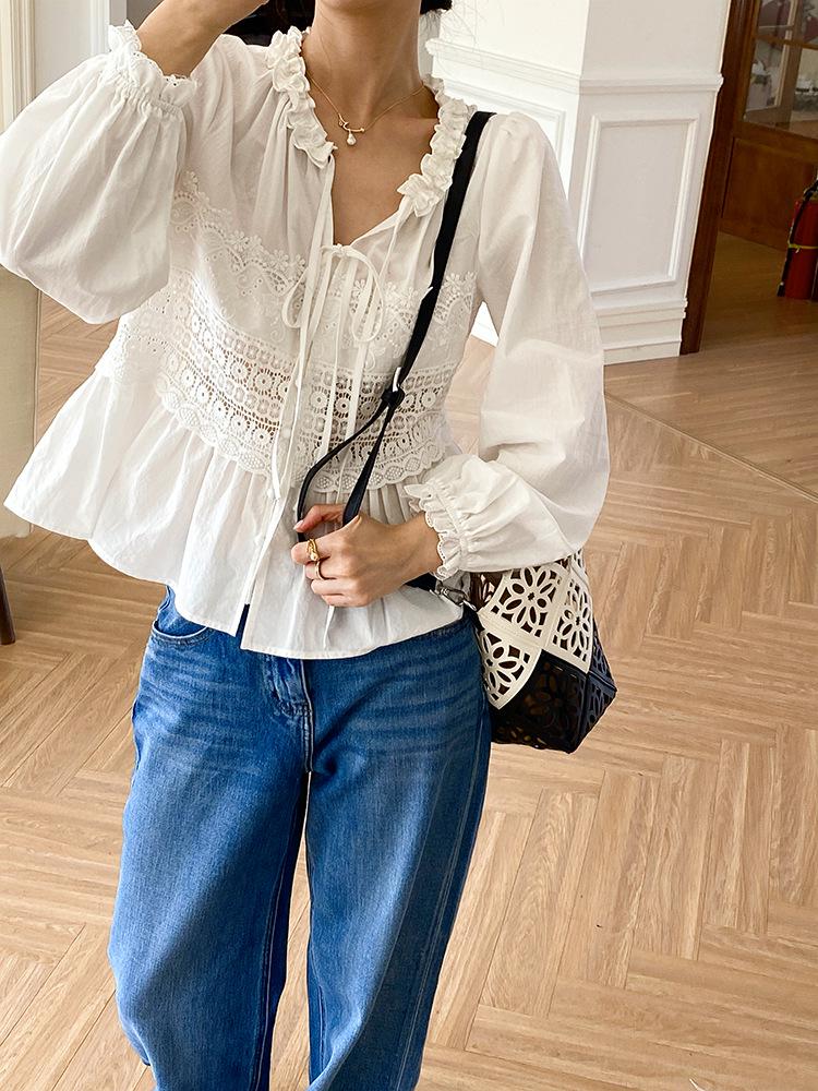 Autumn Lace Long Sleeve White Shirt - European & American Style Women's Top