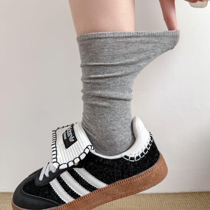 Korean All-In-One Machine Medium Tube Socks Flat Boneless Breathable Cotton Socks Solid Color Socks White Stockings Pile Up Socks Thin