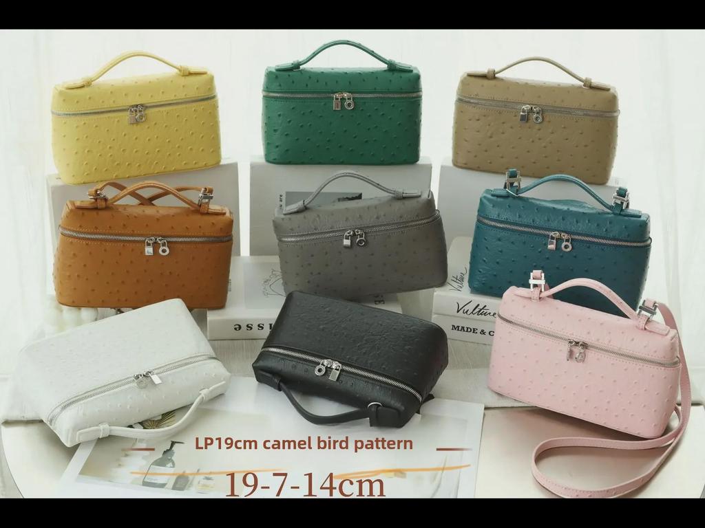 Genuine Leather Ostrich Pattern Women's Lunch Box Bag - Small Handheld Cowhide Cosmetic Messenger Bag