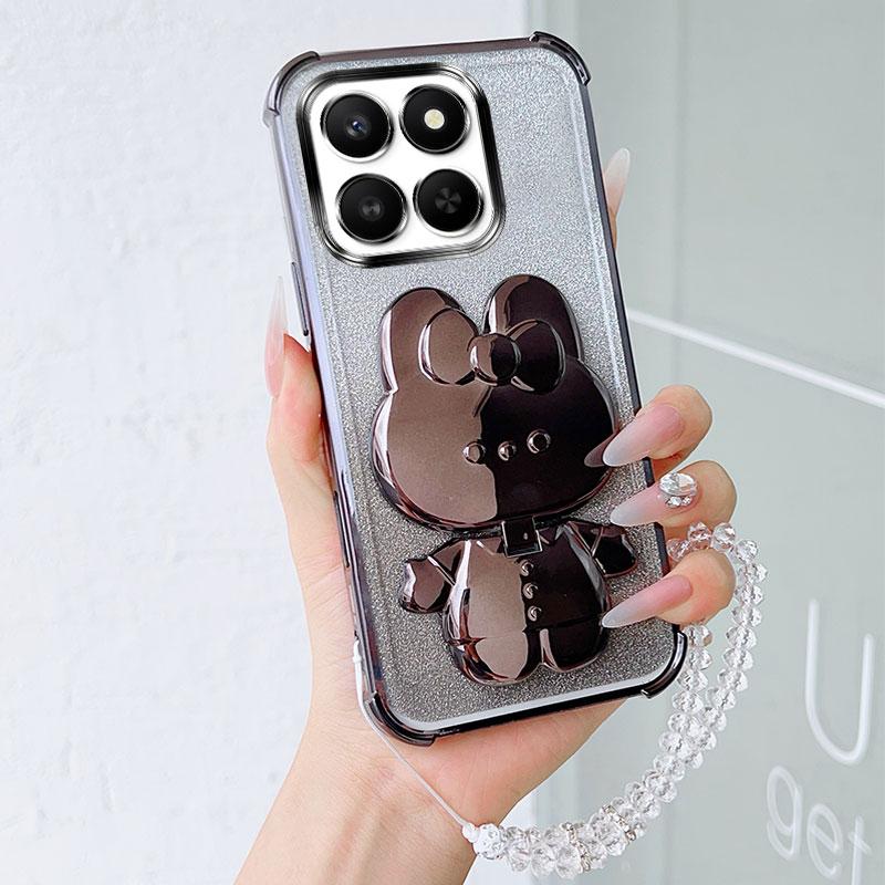 Luxury Shockproof Phone Case with Cute Rabbit Makeup Swivel Stand Crystal Lanyard For Honor X7d X7c X7b X7a X7 Back Cover