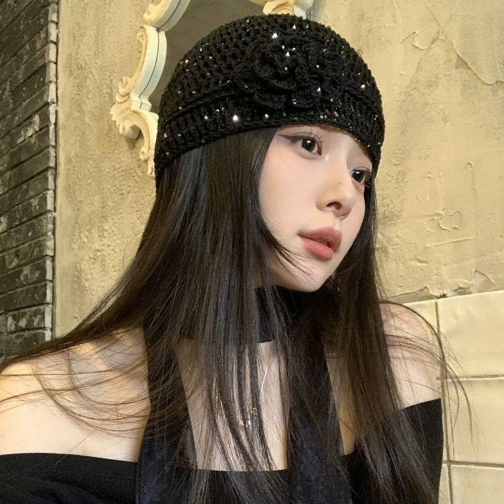 Y2k Flower Knitted Caps Hand-woven Beanies Cap Casual Sequin Crochet Hat  Spring Summer