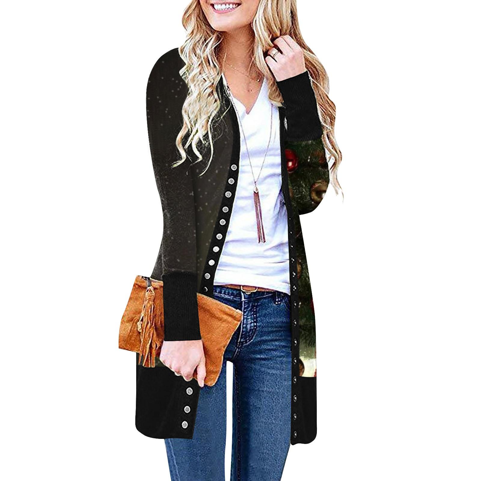 

Женский повседневный кардиган с длинными рукавами и постепенным рождественским принтом, легкая куртка L