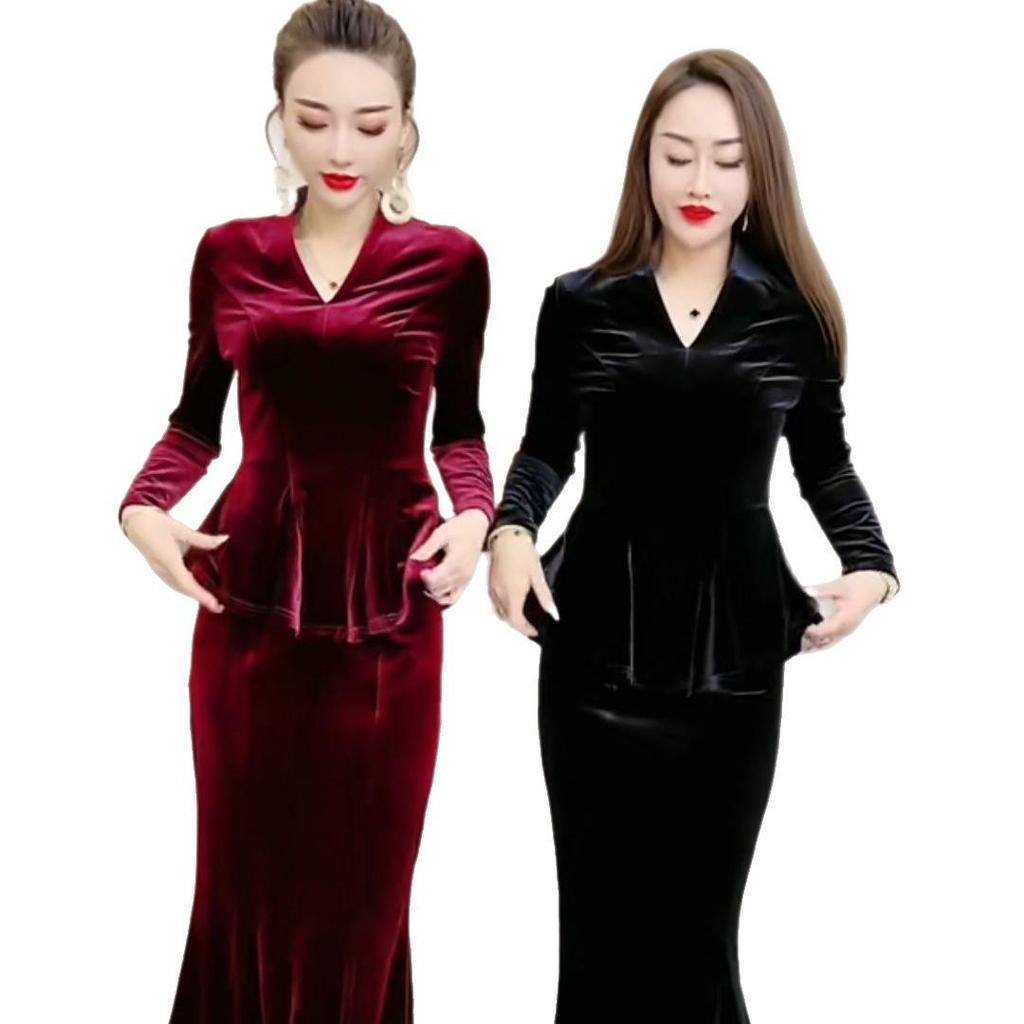 Golden Velvet Women's Fishtail Dress Set - Autumn/Winter Slimming Two-Piece