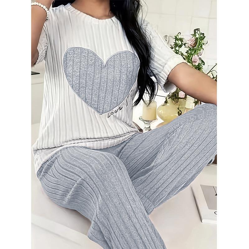 Women's Autumn Sweet Love Pajama Set: Round Neck, Short Sleeve & Trousers - Comfy 2-Piece Homewear