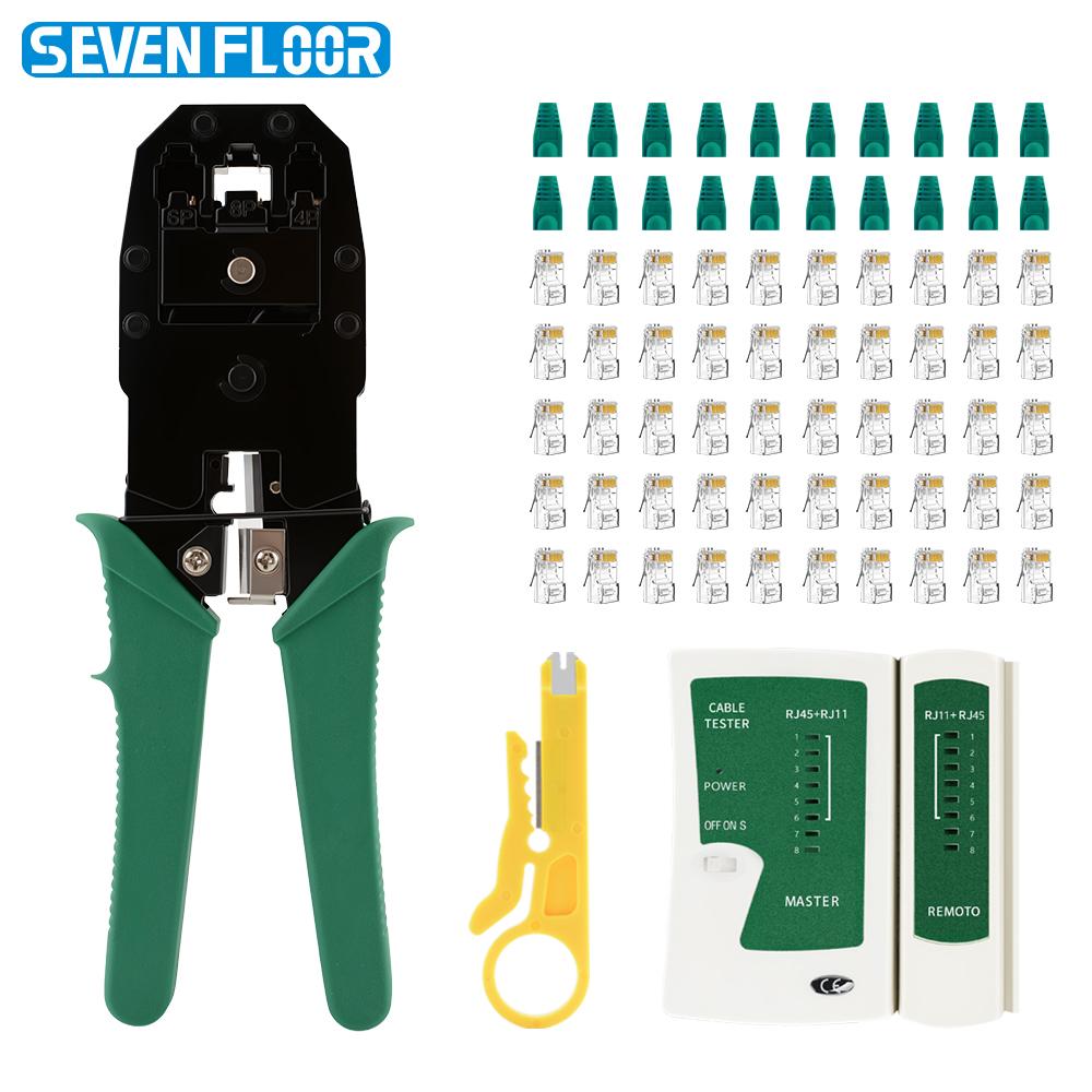 Multi-Functional 8P6P4P RJ45 Crimper LAN Cable Tester Mini Stripping Tool 50pcs Cat5 Modular Plugs 20pcs Boots