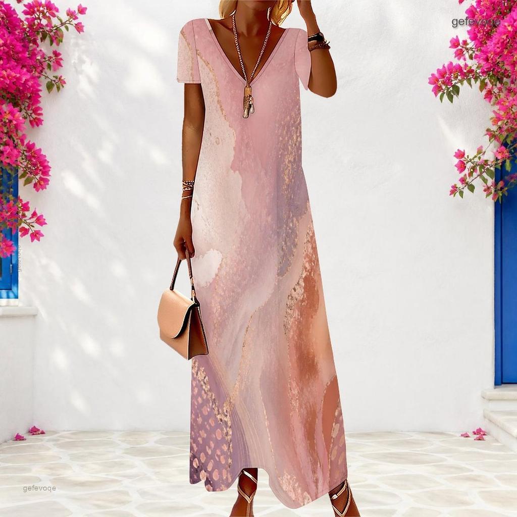 Women Plus Size V Neck Short Sleeve Blue Gold Printed Long Maxi Dress
