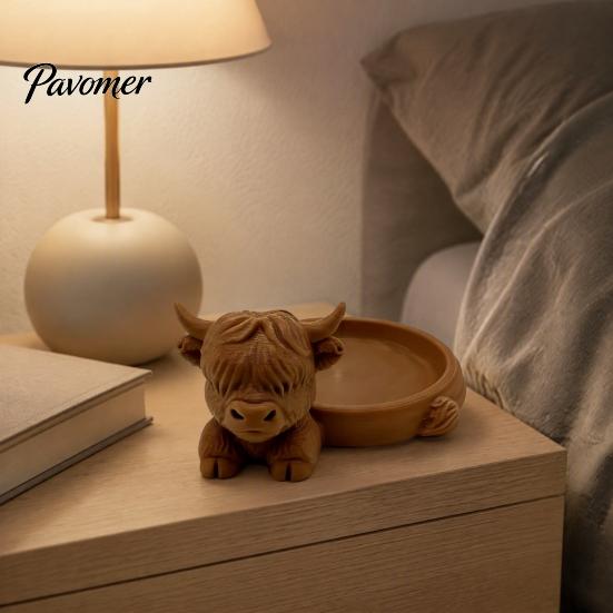 Decorative Trinket Tray Highland Cow Jewelry Storage Tray, Round 3D Printed Desktop Creative Bedroom Organizer, Tabletop Container for Rings Earrings