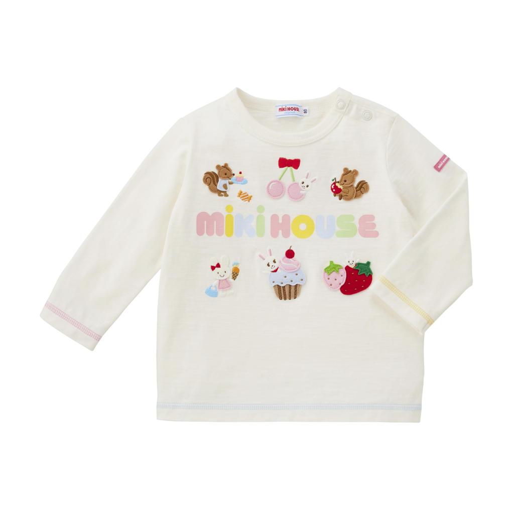 MIKI HOUSE Long Sleeve T-Shirt with Logo and Rabbit Design, Made In Japan, for Girls, Baby, Kids, 13-5216-688, 100cm, White