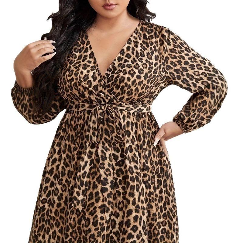 Women's Plus Size Leopard Print Maxi Dress V Neck Long Sleeve Waist Tie Loose Fit Casual Long Dress 1XL-5XL