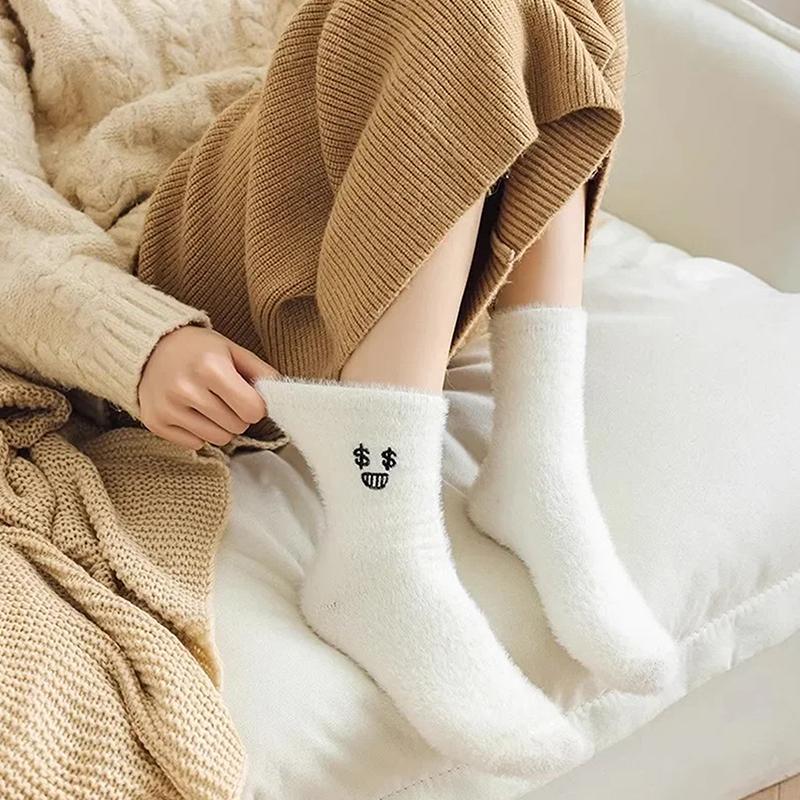 Niedliche Emoticon Winter Samtsocken Ins Weiß Superweiche Nerz Fleece Socken Damen Warme Dicke Socke Thermisch Schnee Zuhause Schlafen Boden Socken