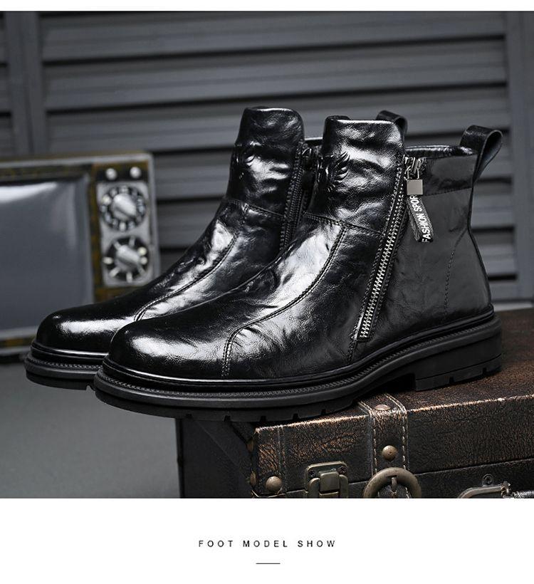 Férfi 2024 Brit Stílusú Fekete Bőr Motoros Csizma - Magasszárú, Vastag Talpú, Légáteresztő, Plusz Bársony.