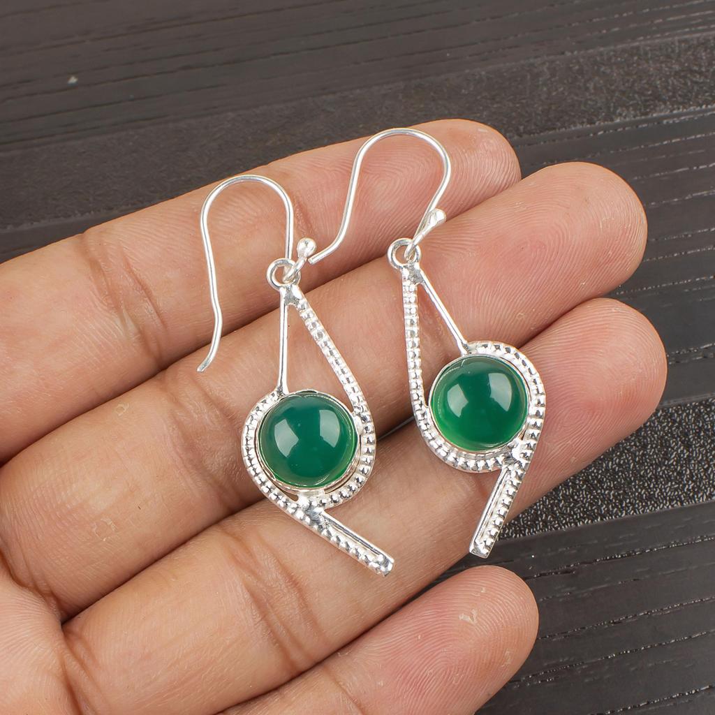 Green Onyx Cab Gemstone Earrings, 925 Solid Sterling Silver Jewelry, Handmade Artisans Earrings For Wedding Gift