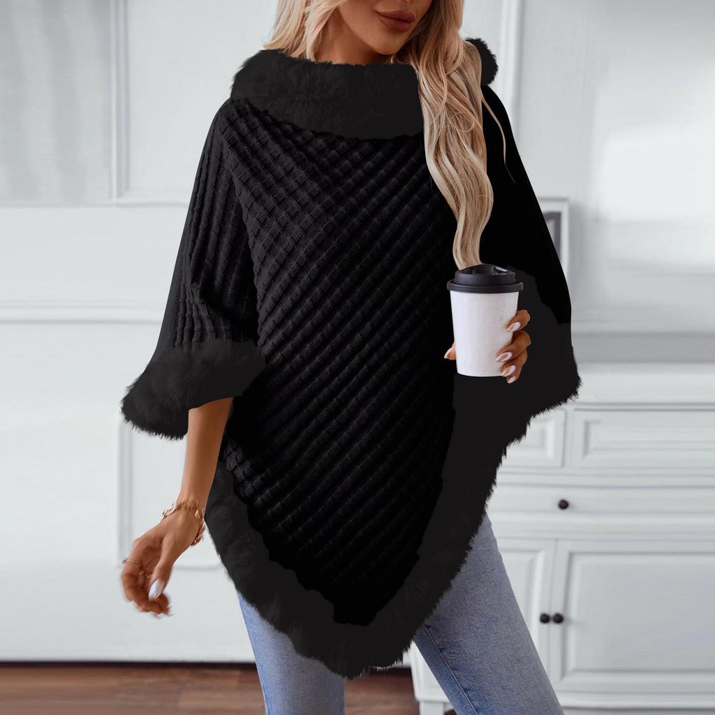 Women's Solid Color Wool Collar Pullover Sweater Thick Vintage Plaid Knitted Cloak Shawl For Party