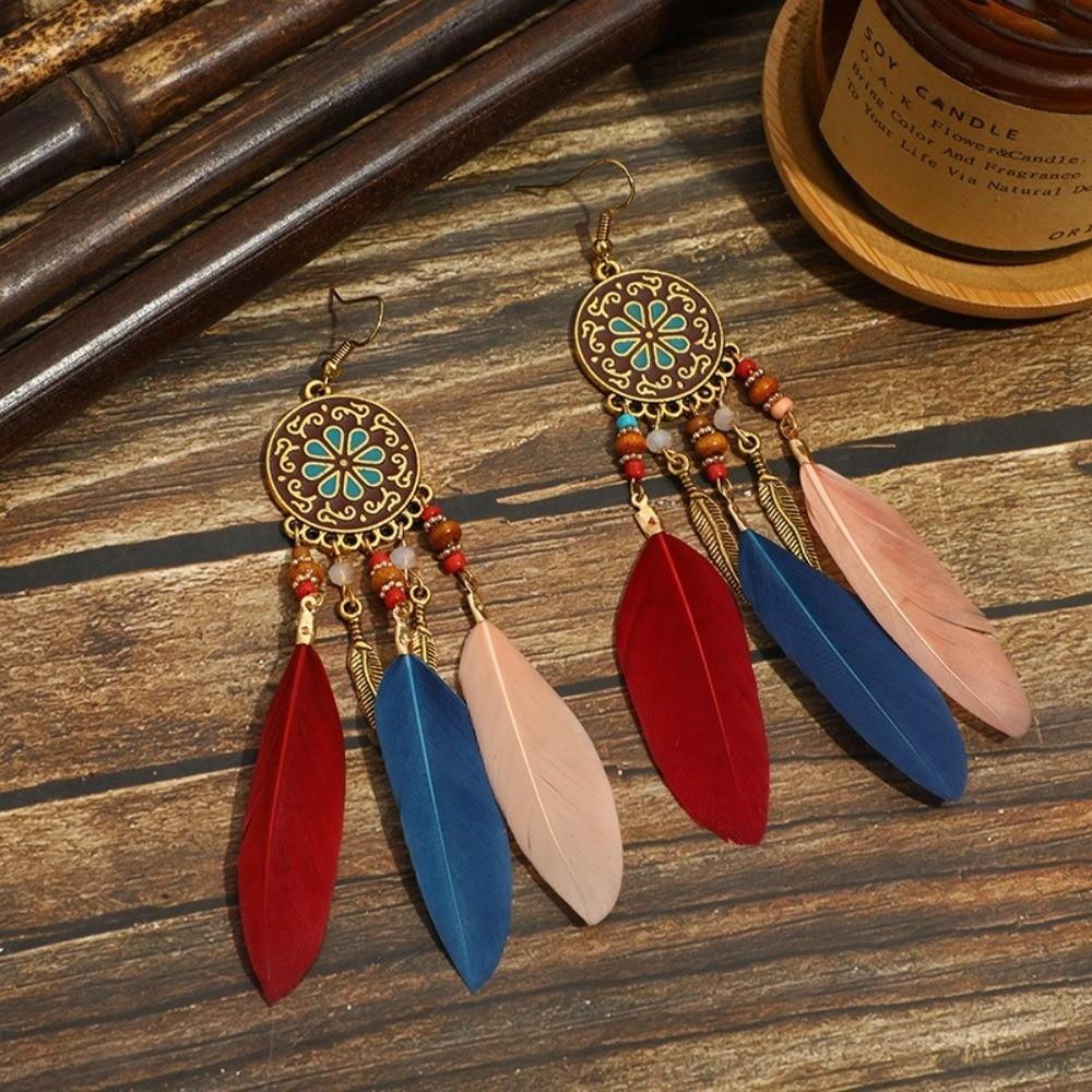Boho Feather Earrings Ethnic Leaf Shape Long Dangle Tassel Earring Jewelry Accessories Dream Catcher Women Drop Earrings Wedding