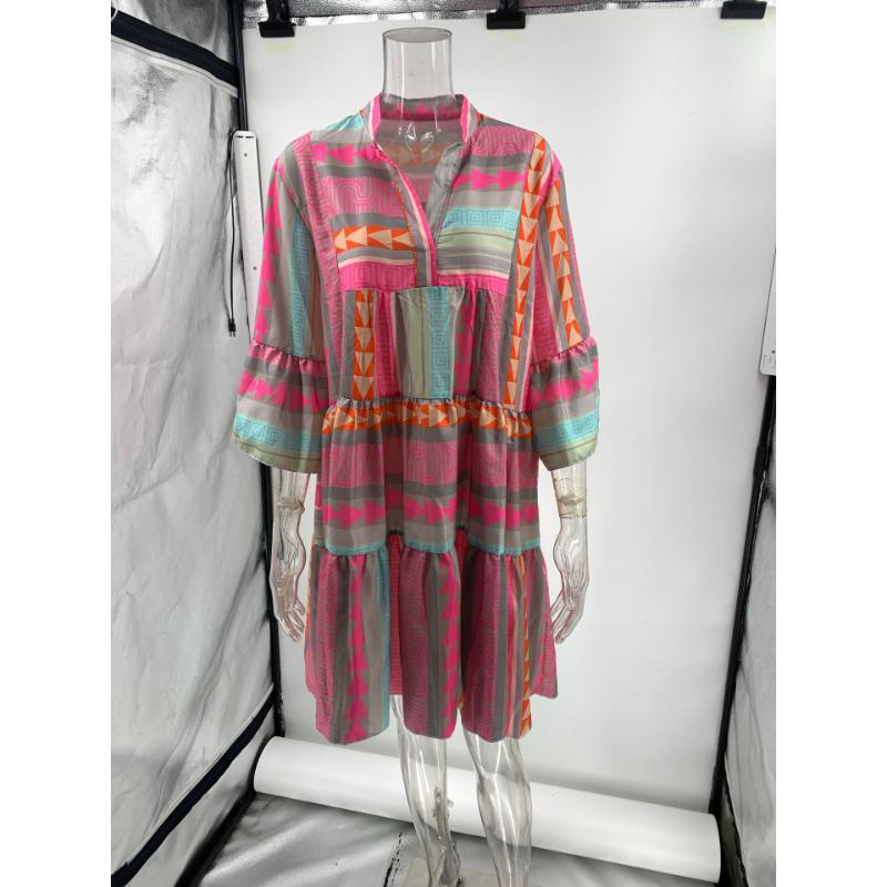 Women's Fall Vintage Print V Neck Dress, 3/4 Sleeve Loose Casual Boho Tiered Dress for Daily Wear