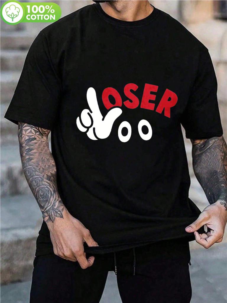 Men's Oversized 'LOSER' Thumbs & 000 Print T-Shirt - White & Red Lettering Casual Tee