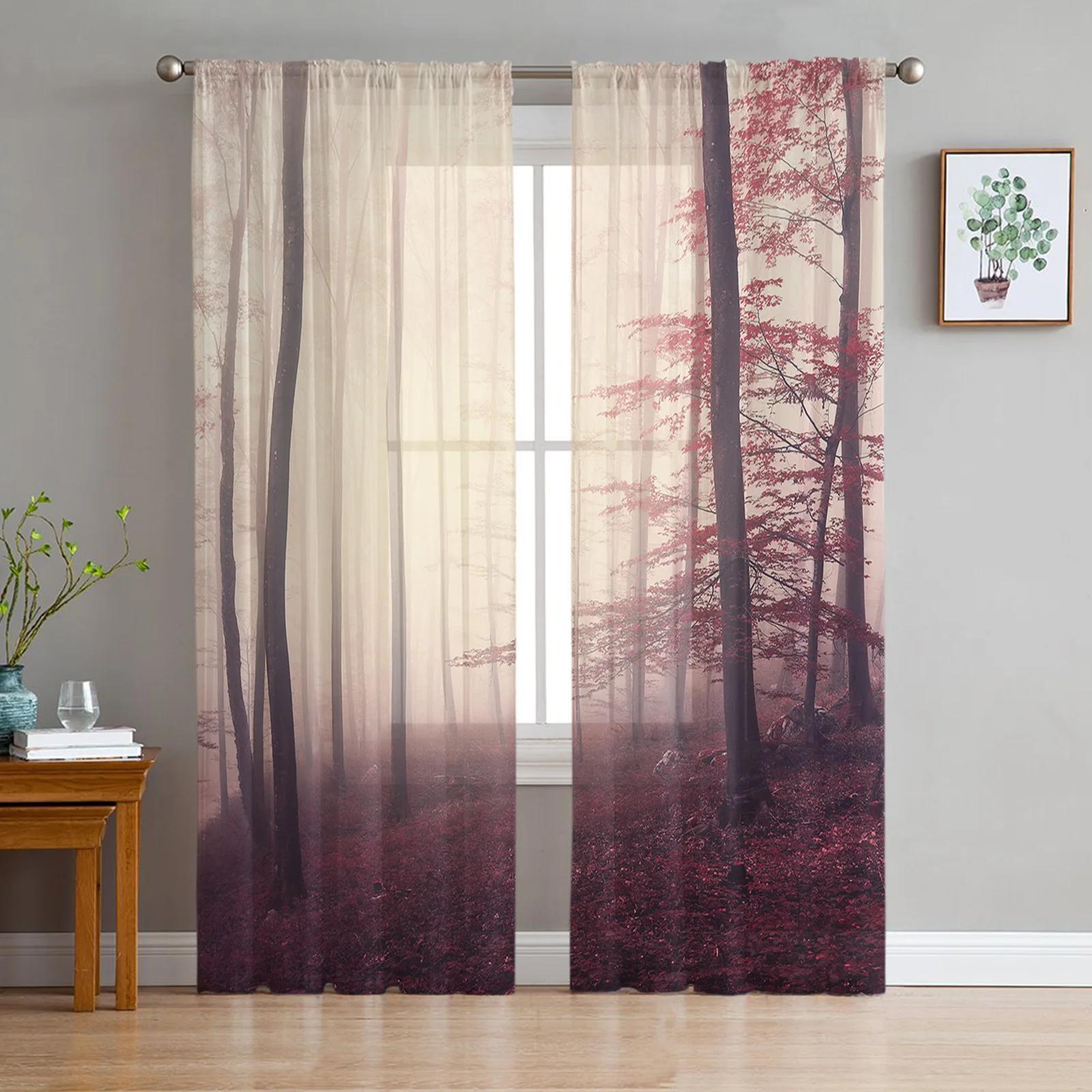

Осенний парк, прозрачные шторы с лесом, тюлевые шторы для гостиной, окна, спальни, кухни, украшения дома, вуаль, шторы W135 x H115cm x1&Grommet Top