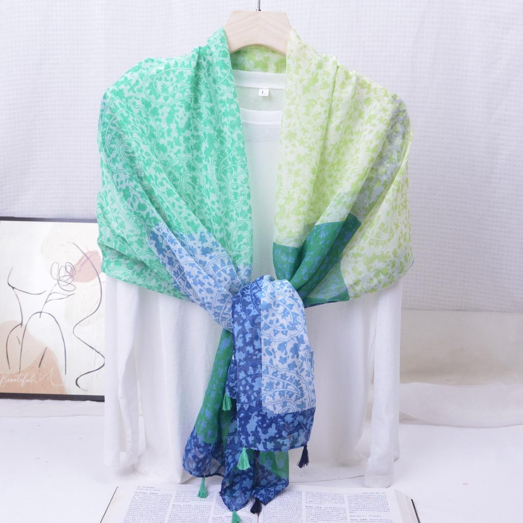 Ethnic Style Blue and White Porcelain Cotton and Linen Scarf, Women's Artistic Shawl, Travel Sunscreen Scarf, Office Shawl
