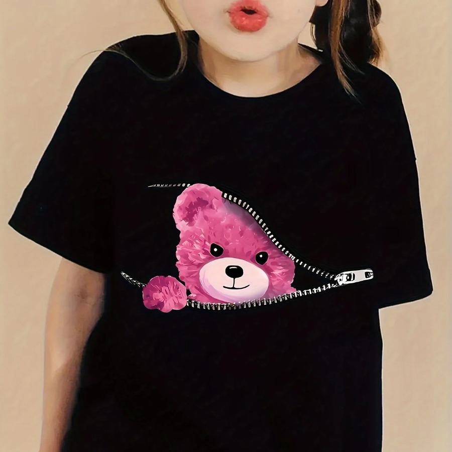 Kreskówkowy Kot i Niedźwiedź Graficzny Nadruk Kreatywne T-shirty Wygodny Okrągły Dekolt Krótki Rękaw T-shirt Odzież Dziecięca Letnie Bluzki Dziewczęce