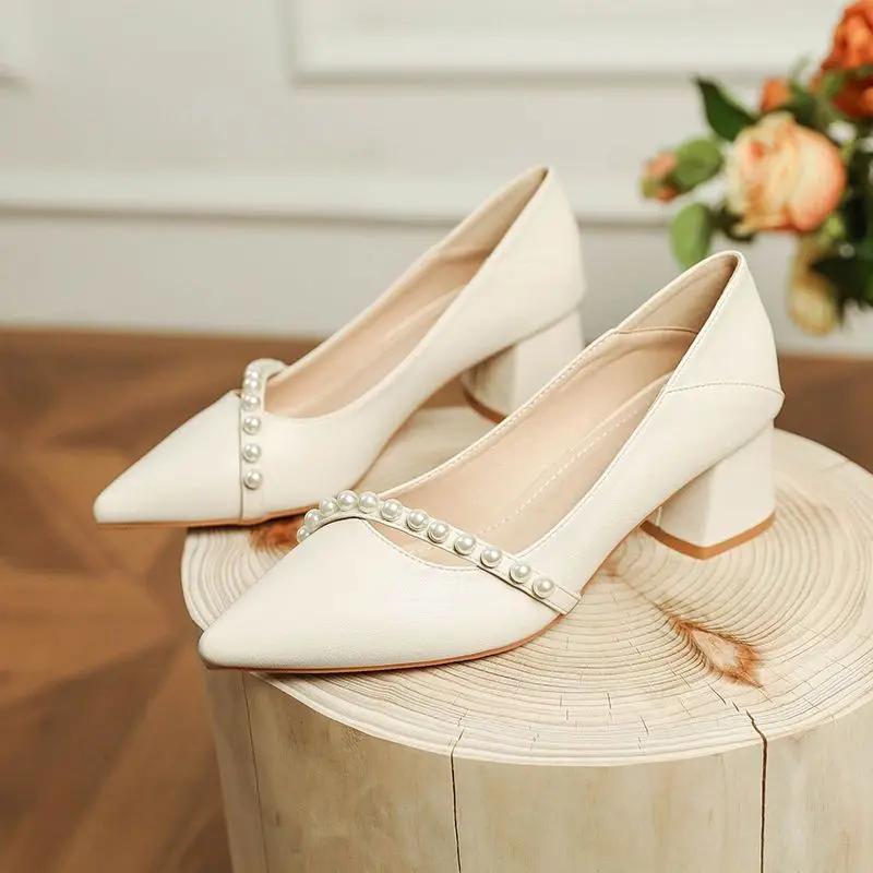 Wedding Bride Shoe Shoes for Women Pointed Toe Pearl Square Heels with Medium Woman Footwear Shallow Beige Lastest Slip On A L E