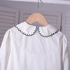 Girls White Long Sleeve Blouse 100% Cotton Ruffled Collar Bow Embroidery Spring Autumn Top for Kids Aged 5-12