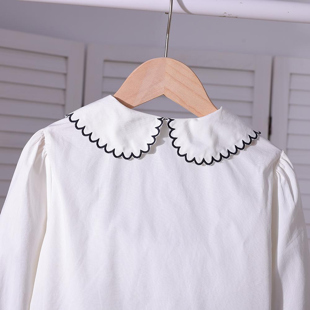 Girls White Long Sleeve Blouse 100% Cotton Ruffled Collar Bow Embroidery Spring Autumn Top for Kids Aged 5-12