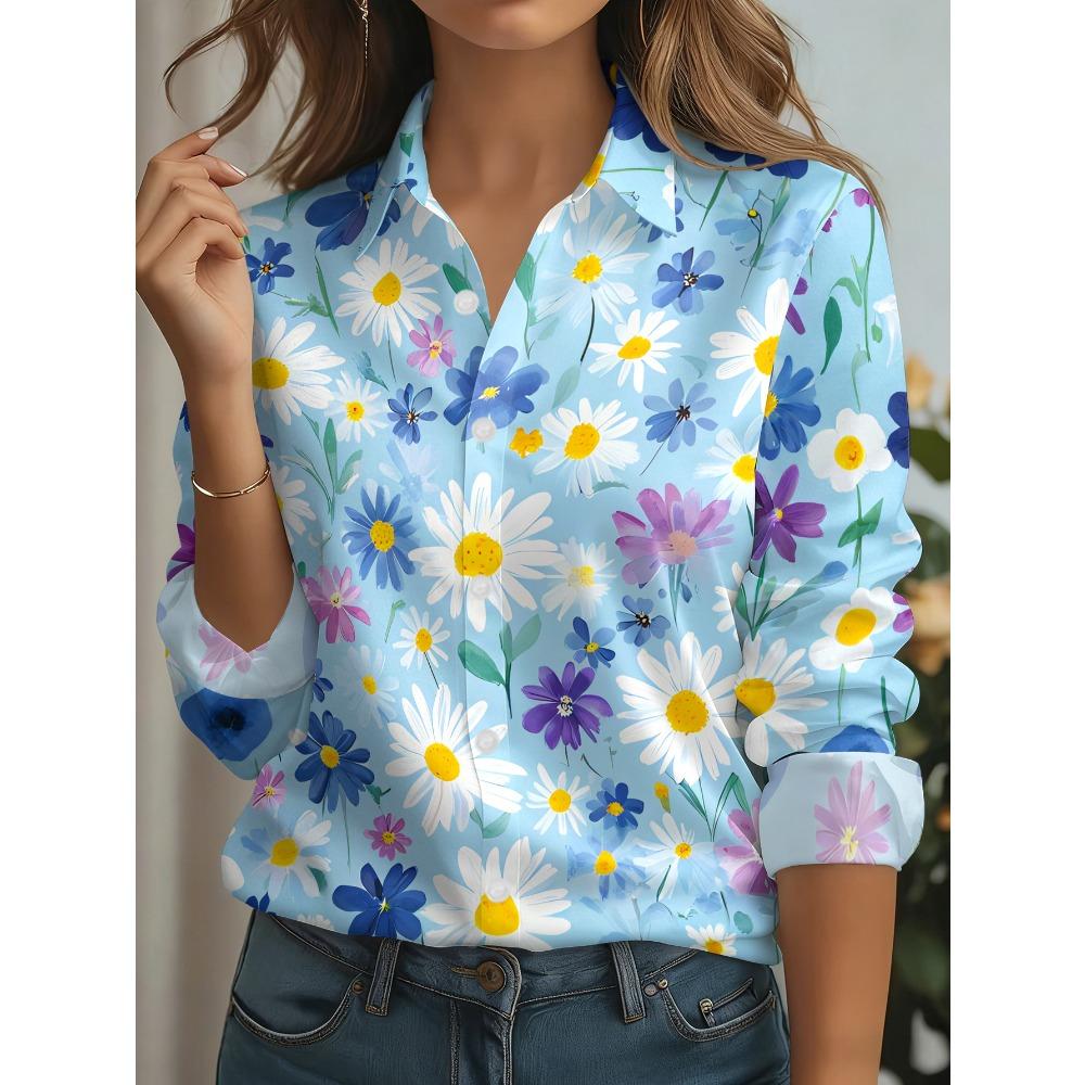 Women's Casual Blouse with Multi-colored Daisies and Other Flower Prints On Blue Background