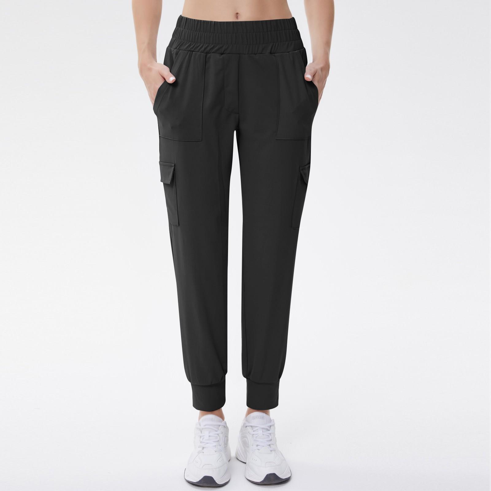 

Женские однотонные повседневные брюки с высокой талией, свободные, для похудения, для фитнеса, эластичные, для йоги, с карманами, длинные брюки XL чёрный