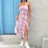 Women Summer Casual Holiday Sytap Sexy Flower Printed Split Package Hip One Piece Dress