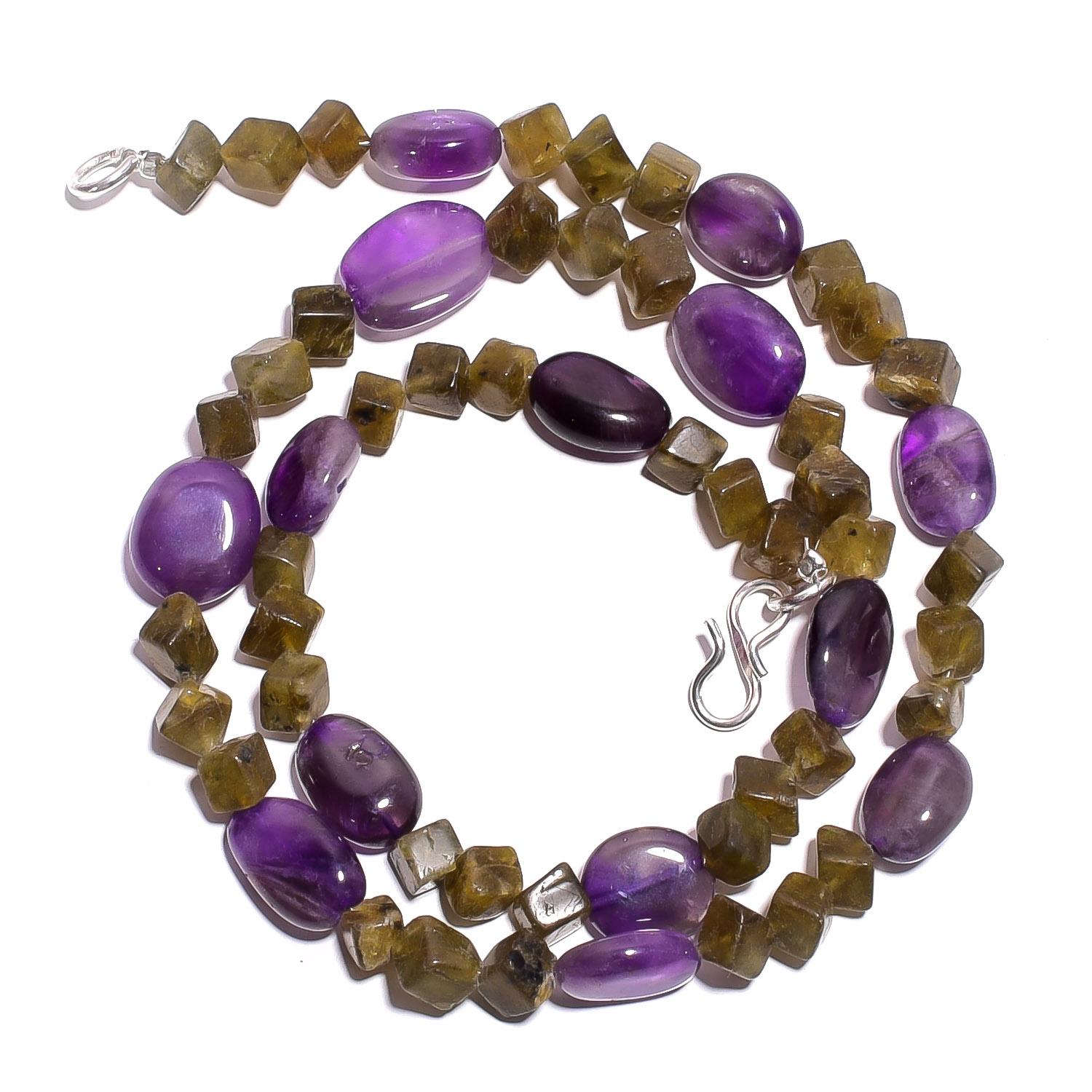 

Natural Amethyst Labradorite Gemstone Smooth Beads Necklace 17 UB-4990 UB-4990