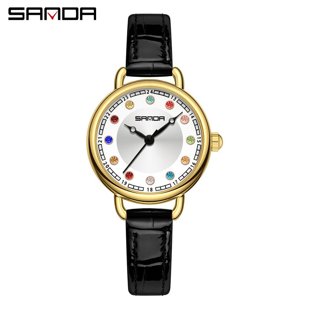 Sanda Women's Retro Rhinestone Quartz Watch - Elegant Green Design