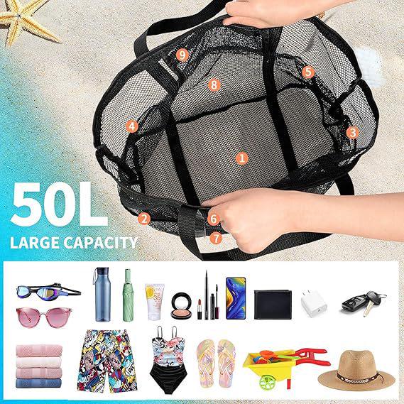 Mesh Beach Bag with 8 Pockets - Large Capacity Travel & Toy Storage Bag