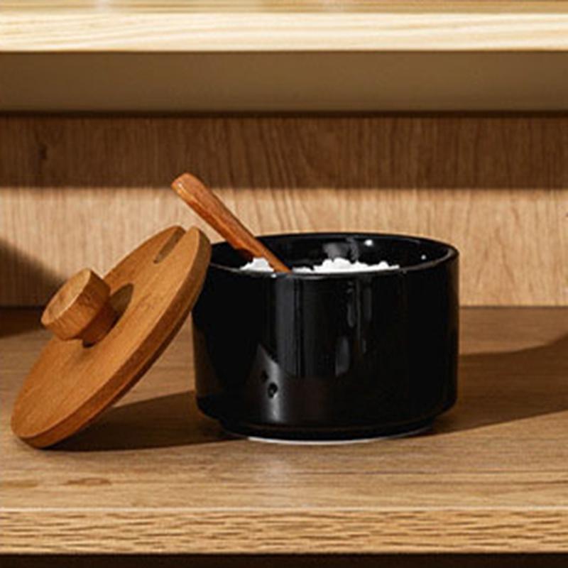 Ceramic Seasoning Jar with Wooden Spoon and Lid Kitchen Spices Storage