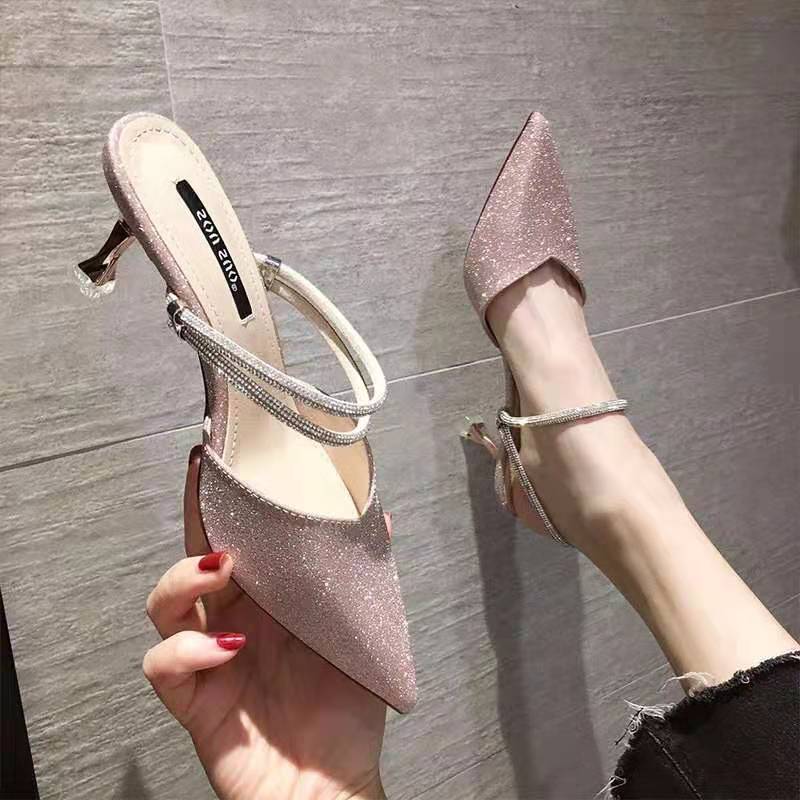 Pointed Toe Sandals for Women Thin Heels Half Pink Woman Shoes High Quality Vip Shoe Cheap Liquidation New Breathable Fashion