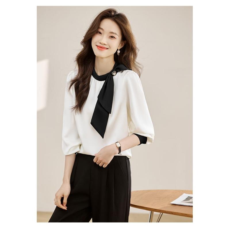 French Bow Shirt Women's Spring and Autumn New Color Matching Ribbon Design Top