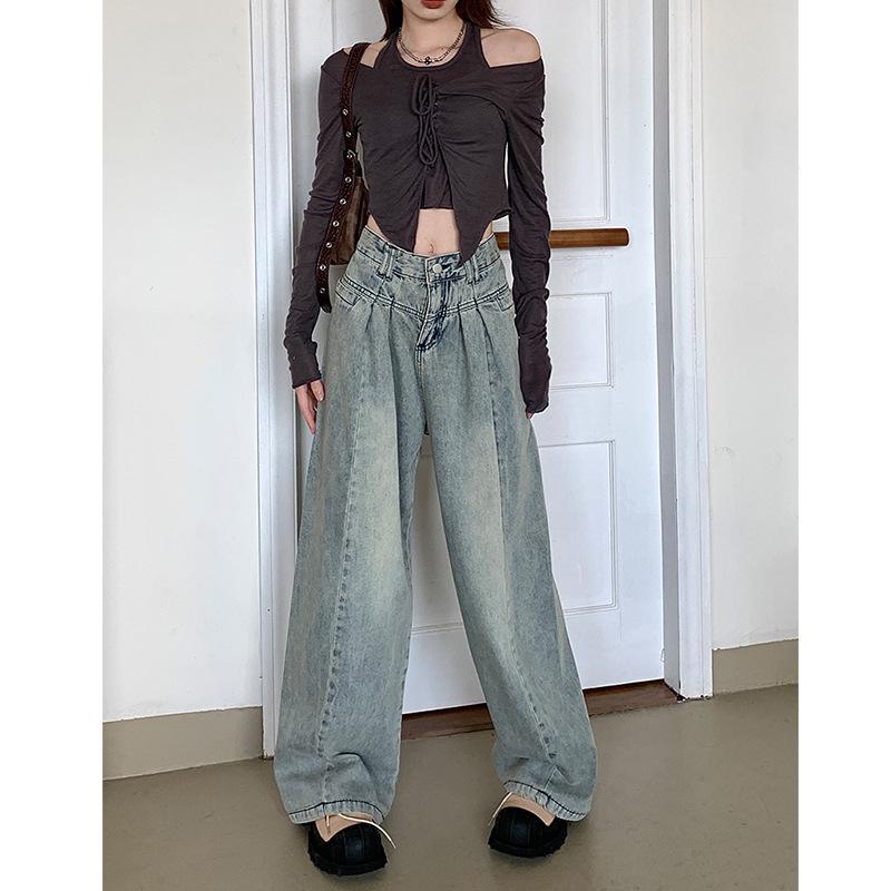 Plus Size American Style High-Waisted Wide Leg Jeans Women’s Summer Trendy Straight Leg Loose Fit Floor Length Pants S синий