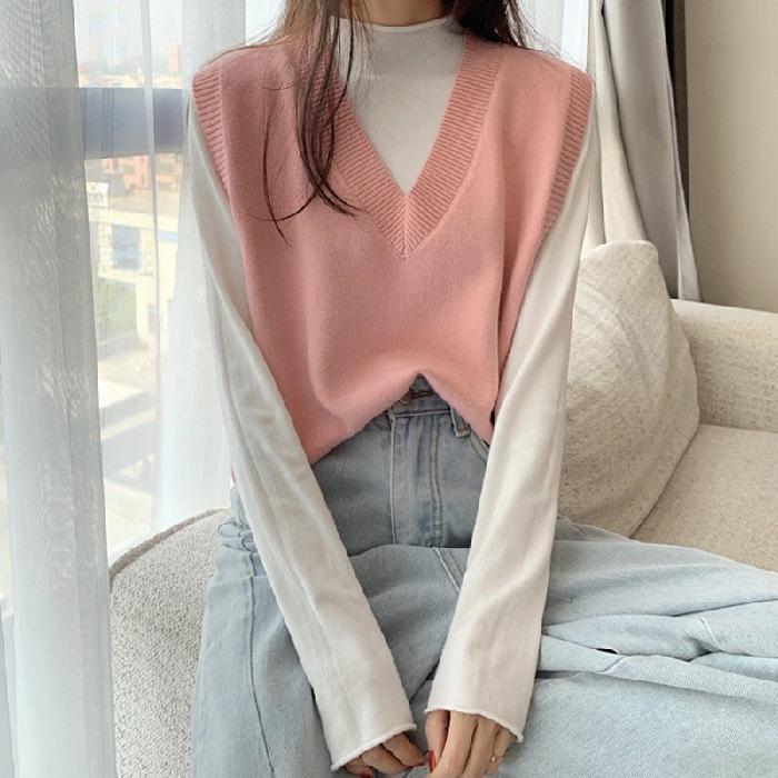 Women's V-Neck Knitted Vest Sweater - Autumn/Winter Sleeveless Layered Top