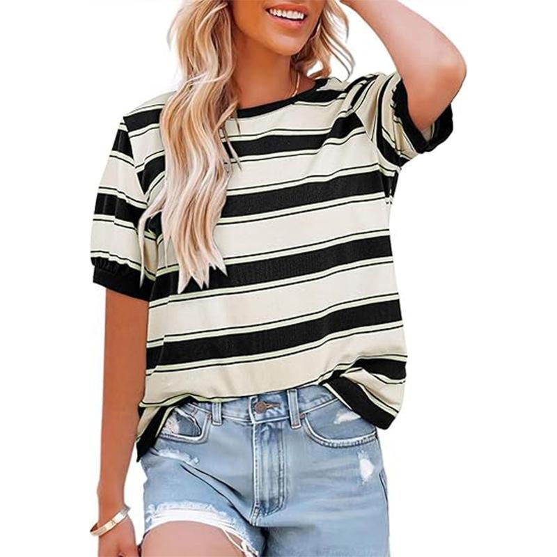 Womens Striped Contrast Color Loose Round Neck Short Sleeve Casual T Shirt