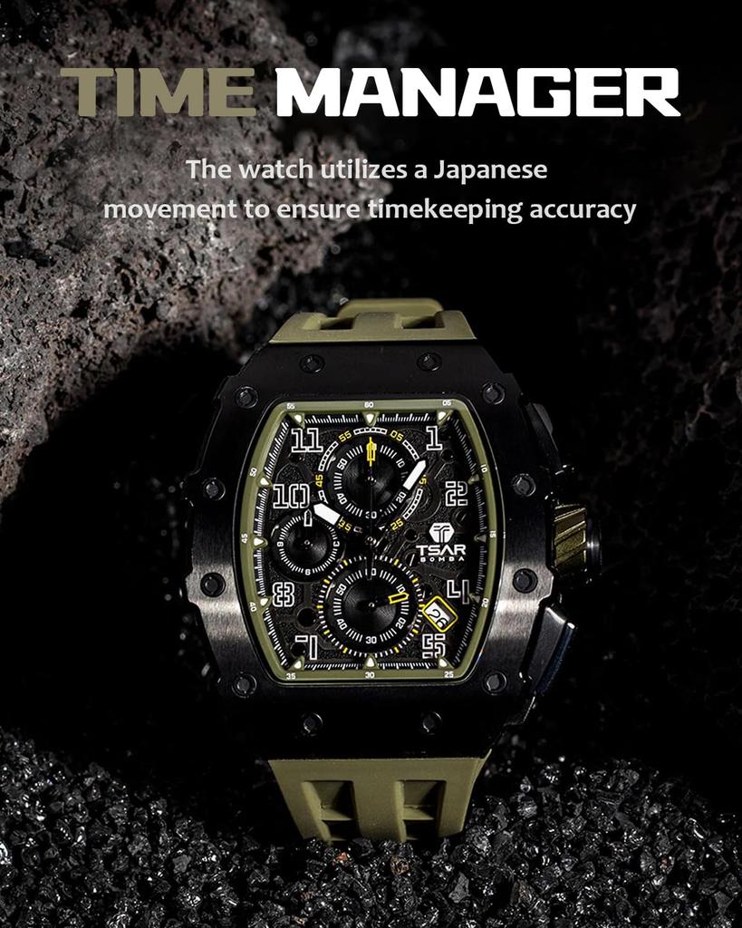 TSAR BOMBA Men's Tonneau Watch 50M Waterproof Classic Sapphire Crystal Silicone Strap Japanese Movement