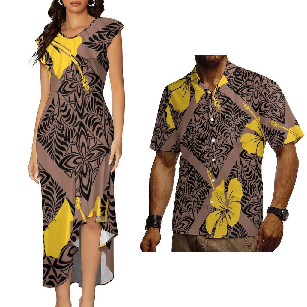 Polynesian Tribal Traditional Samoan Puletasi Dress for Women Custom Elegant Dresses Vintage Floral Dress Couple Set