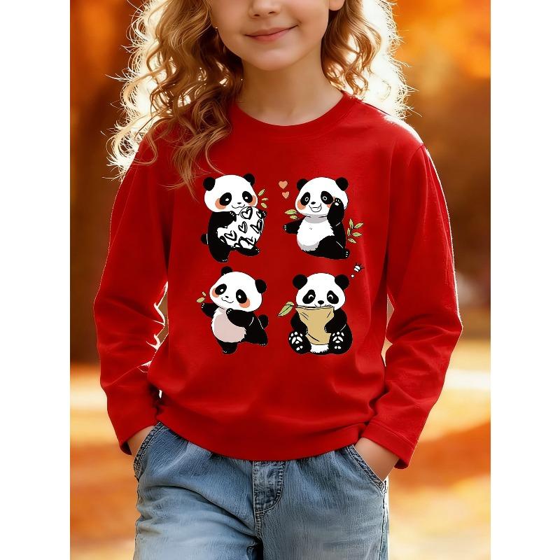 European Sizes Kids' Cartoon Print T-Shirt, Stylish Long-Sleeve Top for Kids, Featuring a Cartoon Panda Design, Suitable for Everyday Casual Wear