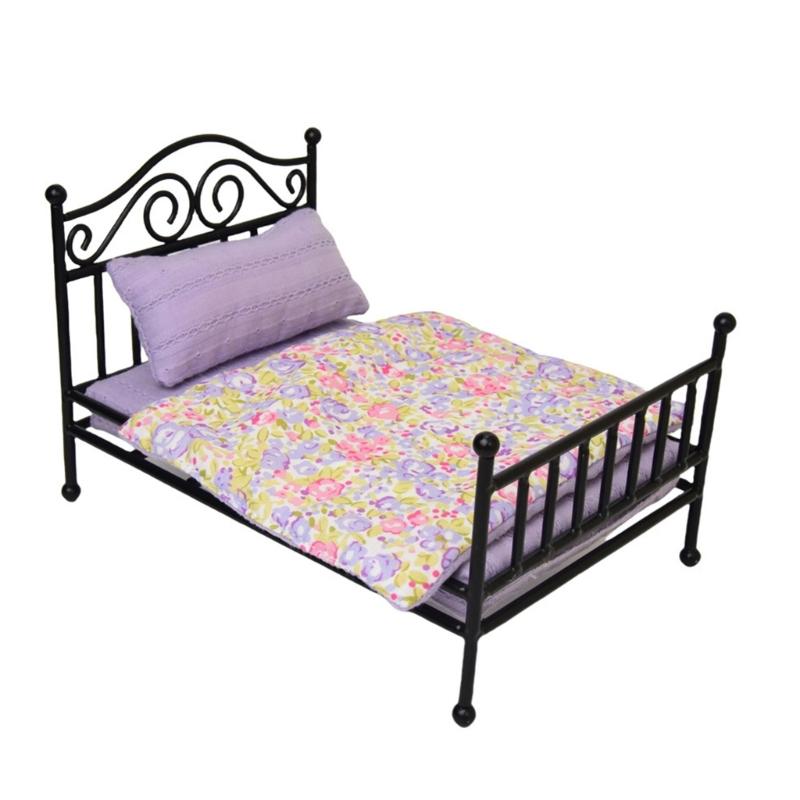 Realistic Metal Frame Bed Model House Bedroom Full Bed 1:12 Scale Miniature Furniture