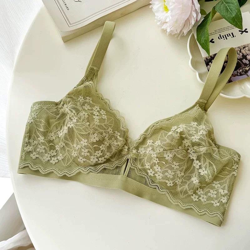 French Lace Crystal Cup Big Chest Small Underwear Women's Summer Thin and Thin Without Steel Ring Collection Sub-breasts Rabbit Ears Cup Bra