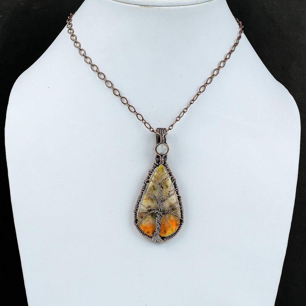 Tree Of Life Bumble Bee Jasper Pendant Copper Wire Wrapped Pendant Rainbow Moonstone Pendant Handmade Gemstone Pendant Unique Copper Jewelry