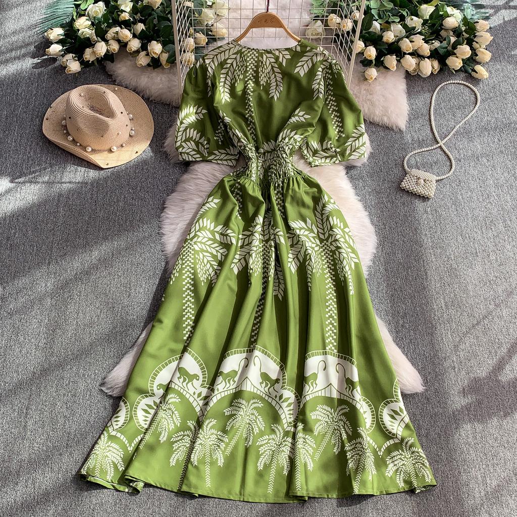 Summer Women Printed Dress V-neck Lace-up Short Sleeved Pleated A-line American Casual Fashion Elegant Female Dresses